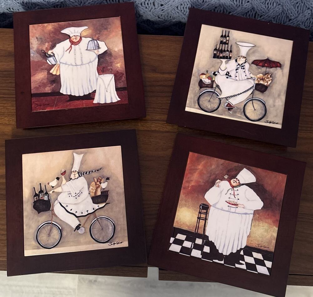 Set Of 4 Jennifer Garant Chef Bicycle Framed Art Tile Hanging Trivets 8" X 8"